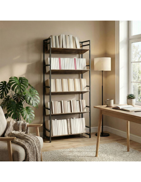 HOMCOM Bookshelf 5-Tier Metal Frame Room Divider Bookcase Storage Shelves for Living Room Rustic Brown - pic 184683 | FastDaddyshop