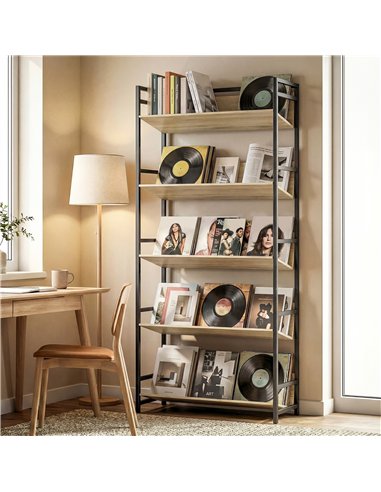 HOMCOM Bookshelf 5-Tier Metal Frame Bookcase Storage Shelves for Living Room Oak