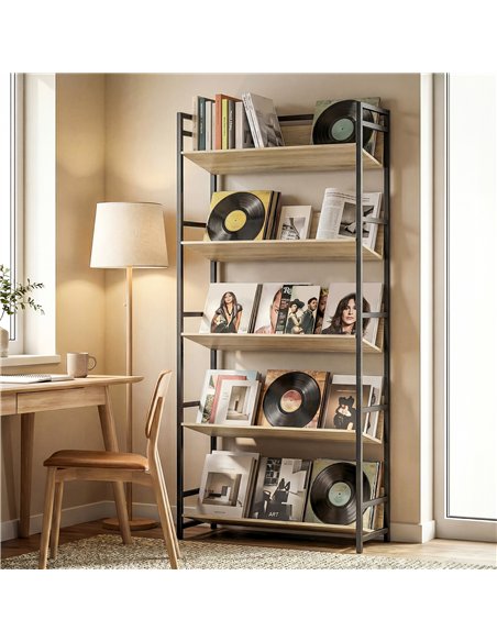 HOMCOM Bookshelf 5-Tier Metal Frame Bookcase Storage Shelves for Living Room Oak - pic 184686 | FastDaddyshop