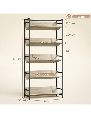 HOMCOM Bookshelf 5-Tier Metal Frame Bookcase Storage Shelves for Living Room Oak