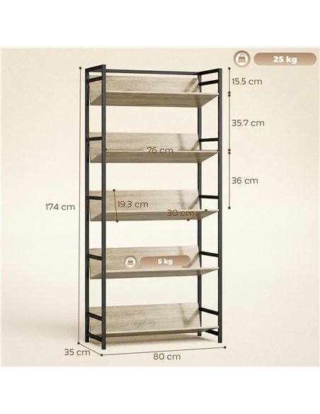 HOMCOM Bookshelf 5-Tier Metal Frame Bookcase Storage Shelves for Living Room Oak - pic 184687 | FastDaddyshop