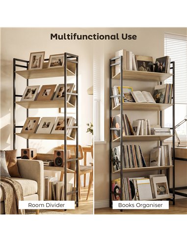 HOMCOM Bookshelf 5-Tier Metal Frame Bookcase Storage Shelves for Living Room Oak