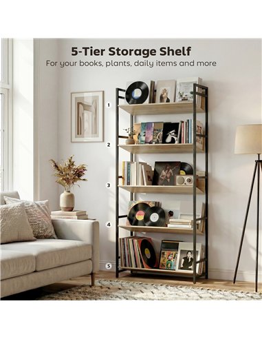 HOMCOM Bookshelf 5-Tier Metal Frame Bookcase Storage Shelves for Living Room Oak