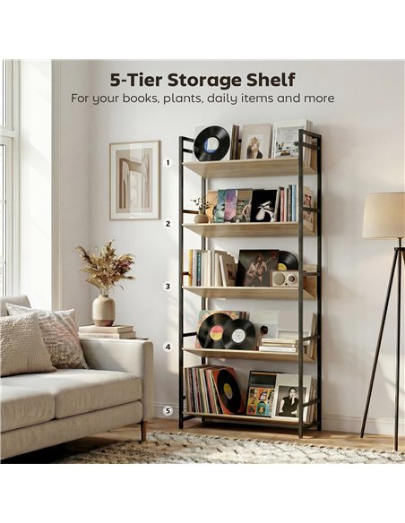 HOMCOM Bookshelf 5-Tier Metal Frame Bookcase Storage Shelves for Living Room Oak - pic 184689 | FastDaddyshop