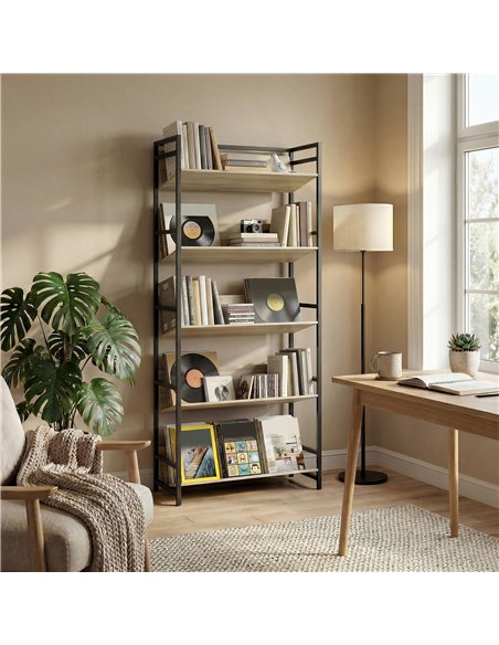 HOMCOM Bookshelf 5-Tier Metal Frame Bookcase Storage Shelves for Living Room Oak - pic 184692 | FastDaddyshop