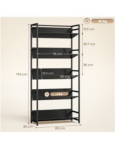 HOMCOM Bookshelf 5-Tier Metal Frame Bookcase Storage Shelves for Living Room Black