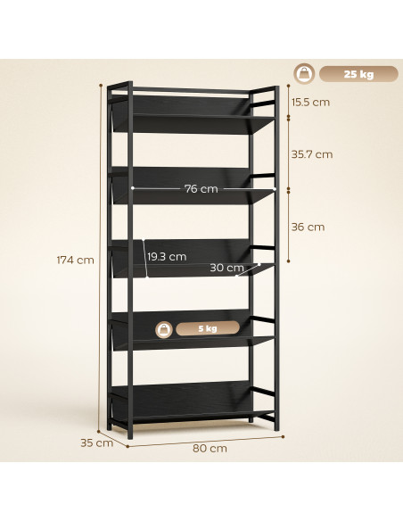 HOMCOM Bookshelf 5-Tier Metal Frame Bookcase Storage Shelves for Living Room Black - pic 184696 | FastDaddyshop