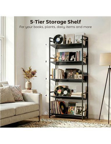 HOMCOM Bookshelf 5-Tier Metal Frame Bookcase Storage Shelves for Living Room Black