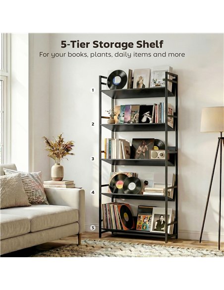 HOMCOM Bookshelf 5-Tier Metal Frame Bookcase Storage Shelves for Living Room Black - pic 184698 | FastDaddyshop