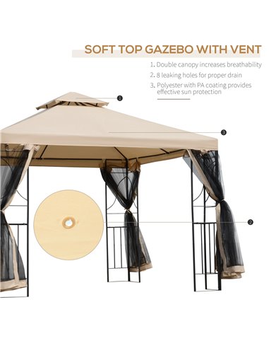 Outsunny 3x3m Garden Gazebo Tent with Netting, 2-tier Roof, Sand colour and Black