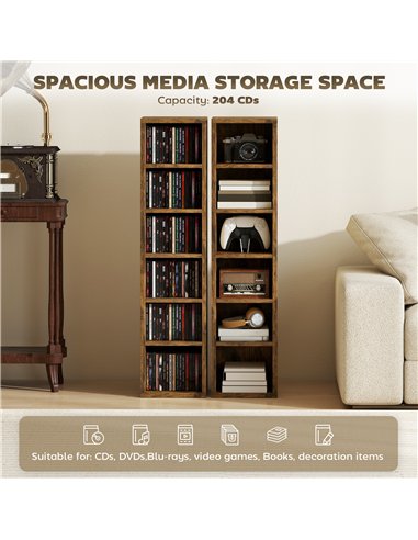 HOMCOM Set of 2 CD Media Display Shelf Unit Tower Rack with Adjustable Shelves, Rustic Brown