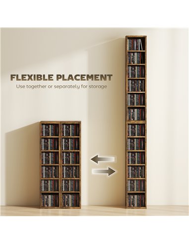HOMCOM Set of 2 CD Media Display Shelf Unit Tower Rack with Adjustable Shelves, Rustic Brown