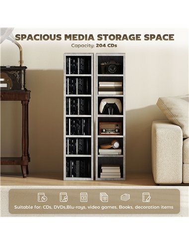 HOMCOM Set of 2 CD Media Display Shelf Unit Tower Rack with Adjustable Shelves, Grey