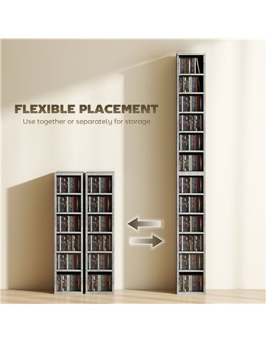 HOMCOM Set of 2 CD Media Display Shelf Unit Tower Rack with Adjustable Shelves, Grey