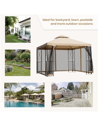 Outsunny 3x3m Garden Gazebo Tent W/Netting, 2-tier Roof