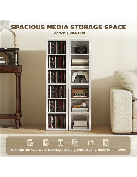 HOMCOM Set of 2 CD Media Display Shelf Unit Tower Rack with Adjustable Shelves, High Gloss White - pic 184733 | FastDaddyshop