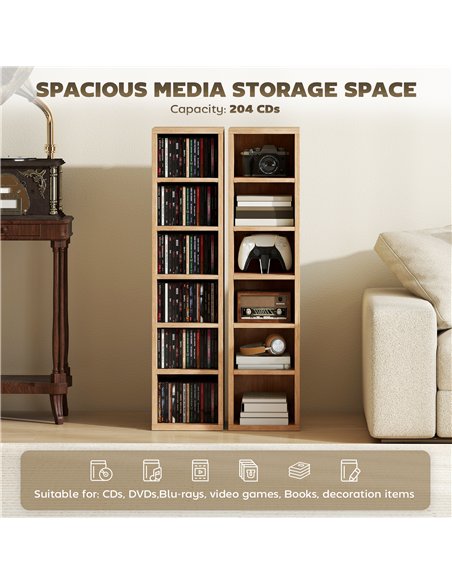 HOMCOM Set of 2 CD Media Display Shelf Unit Tower Rack with Adjustable Shelves, Natural - pic 184751 | FastDaddyshop
