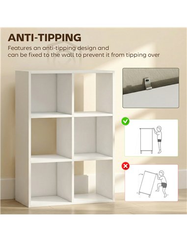 HOMCOM Industrial Style Storage Shelf, Bookcase, Bookshelf with 6 Compartments, for Living Room, Home Study, White Wood Effect