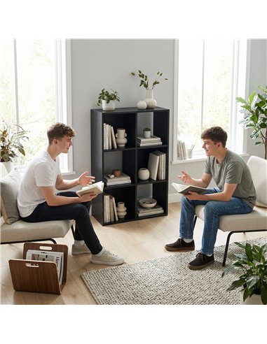 HOMCOM Industrial Style Storage Shelf, Bookcase, Bookshelf with 6 Compartments, for Living Room, Home Study, Black Wood Effect