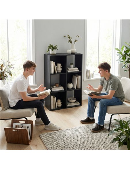 HOMCOM Industrial Style Storage Shelf, Bookcase, Bookshelf with 6 Compartments, for Living Room, Home Study, Black Wood Effect - pic 184807 | FastDaddyshop