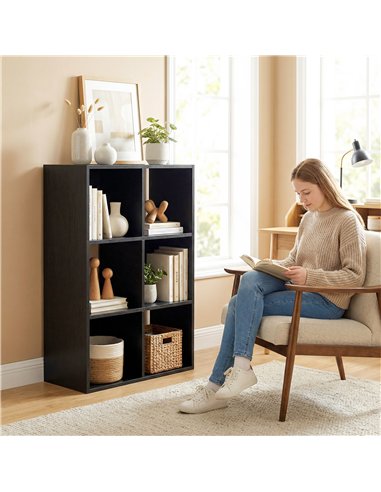HOMCOM Industrial Style Storage Shelf, Bookcase, Bookshelf with 6 Compartments, for Living Room, Home Study, Black Wood Effect