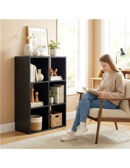 HOMCOM Industrial Style Storage Shelf, Bookcase, Bookshelf with 6 Compartments, for Living Room, Home Study, Black Wood Effect - pic 184808 | FastDaddyshop