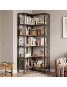 HOMCOM 5-Tier L-Shaped Bookshelf, Freestanding Corner Bookcase with Metal Frame, Rustic Brown 2