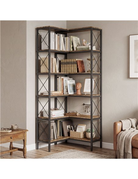 HOMCOM 5-Tier L-Shaped Bookshelf, Freestanding Corner Bookcase with Metal Frame, Rustic Brown - pic 184812 | FastDaddyshop