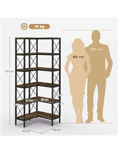 HOMCOM 5-Tier L-Shaped Bookshelf, Freestanding Corner Bookcase with Metal Frame, Rustic Brown