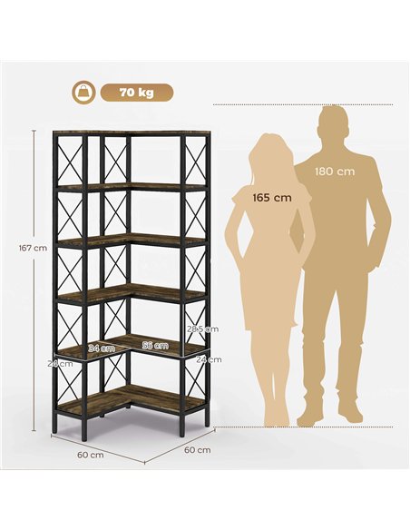 HOMCOM 5-Tier L-Shaped Bookshelf, Freestanding Corner Bookcase with Metal Frame, Rustic Brown - pic 184813 | FastDaddyshop