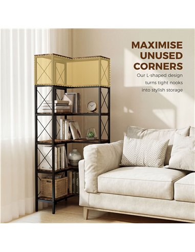HOMCOM 5-Tier L-Shaped Bookshelf, Freestanding Corner Bookcase with Metal Frame, Rustic Brown