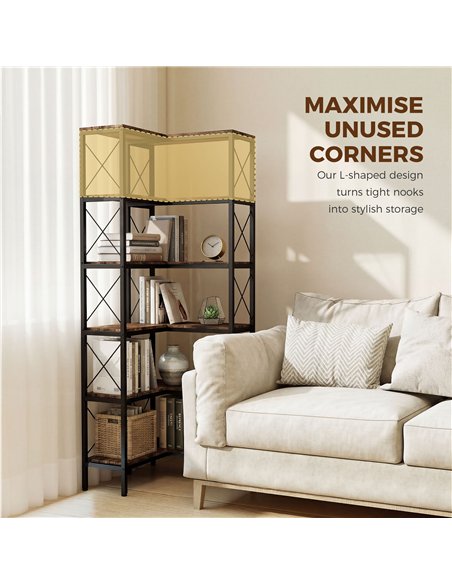 HOMCOM 5-Tier L-Shaped Bookshelf, Freestanding Corner Bookcase with Metal Frame, Rustic Brown - pic 184814 | FastDaddyshop
