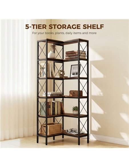 HOMCOM 5-Tier L-Shaped Bookshelf, Freestanding Corner Bookcase with Metal Frame, Rustic Brown - pic 184815 | FastDaddyshop