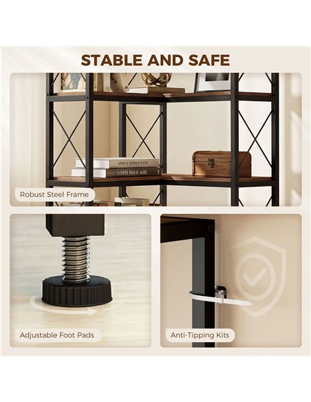 HOMCOM 5-Tier L-Shaped Bookshelf, Freestanding Corner Bookcase with Metal Frame, Rustic Brown - pic 184816 | FastDaddyshop