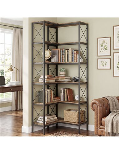 HOMCOM 5-Tier L-Shaped Bookshelf, Freestanding Corner Bookcase with Metal Frame, Rustic Brown