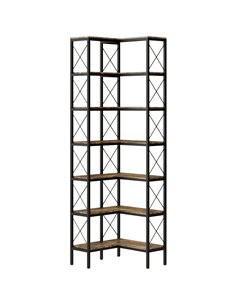 HOMCOM 6-Tier L-Shaped Bookshelf, Freestanding Corner Bookcase with Metal Frame, Rustic Brown