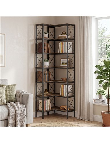 HOMCOM 6-Tier L-Shaped Bookshelf, Freestanding Corner Bookcase with Metal Frame, Rustic Brown