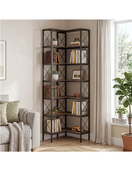 HOMCOM 6-Tier L-Shaped Bookshelf, Freestanding Corner Bookcase with Metal Frame, Rustic Brown - pic 184821 | FastDaddyshop