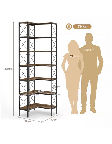 HOMCOM 6-Tier L-Shaped Bookshelf, Freestanding Corner Bookcase with Metal Frame, Rustic Brown