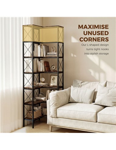 HOMCOM 6-Tier L-Shaped Bookshelf, Freestanding Corner Bookcase with Metal Frame, Rustic Brown