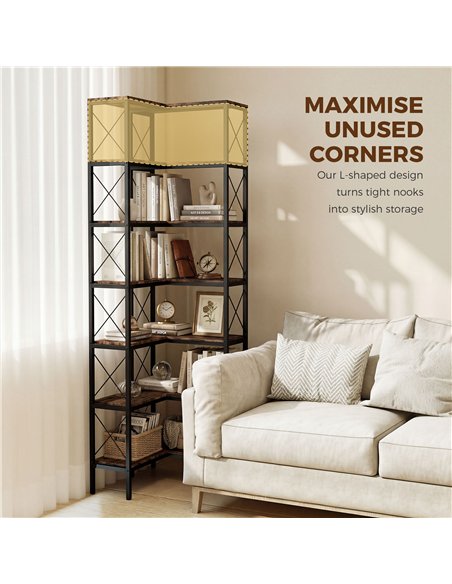HOMCOM 6-Tier L-Shaped Bookshelf, Freestanding Corner Bookcase with Metal Frame, Rustic Brown - pic 184824 | FastDaddyshop