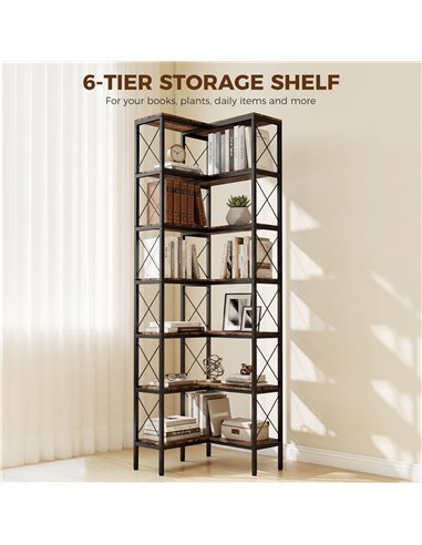 HOMCOM 6-Tier L-Shaped Bookshelf, Freestanding Corner Bookcase with Metal Frame, Rustic Brown
