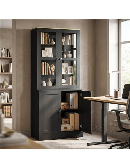 HOMCOM Modern Bookcase Display Storage Unit with Glass Doors Adjustable Shelves, Black - pic 184830 | FastDaddyshop