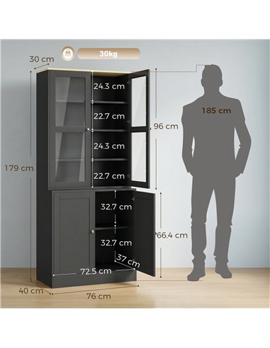 HOMCOM Modern Bookcase Display Storage Unit with Glass Doors Adjustable Shelves, Black