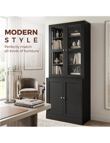 HOMCOM Modern Bookcase Display Storage Unit with Glass Doors Adjustable Shelves, Black