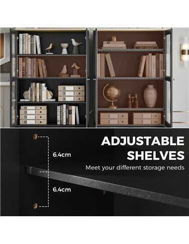 HOMCOM Modern Bookcase Display Storage Unit with Glass Doors Adjustable Shelves, Black