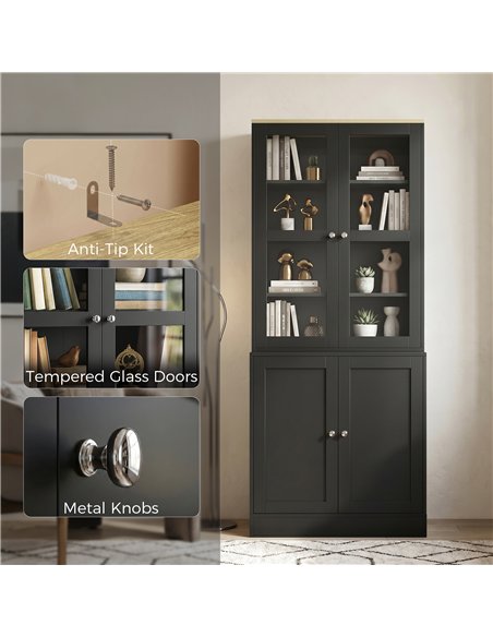 HOMCOM Modern Bookcase Display Storage Unit with Glass Doors Adjustable Shelves, Black - pic 184834 | FastDaddyshop