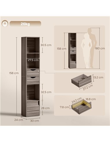 HOMCOM Bookcase with Drawers Adjustable Shelf Bookshelf with 2 Drawers and Cabinet 158 cm Grey
