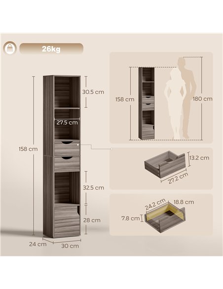 HOMCOM Bookcase with Drawers Adjustable Shelf Bookshelf with 2 Drawers and Cabinet 158 cm Grey - pic 184840 | FastDaddyshop