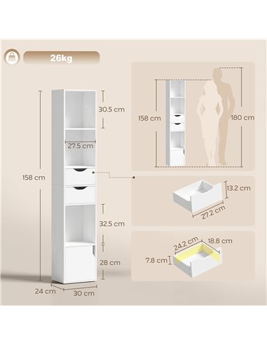 HOMCOM Bookcase with Drawers Adjustable Shelf Bookshelf with 2 Drawers and Cabinet 158 cm White